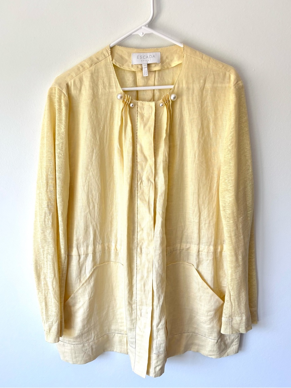 Vintage Escada Sport Butter Yellow Linen Button Front Blouse Pearl 3/4 Sleeve